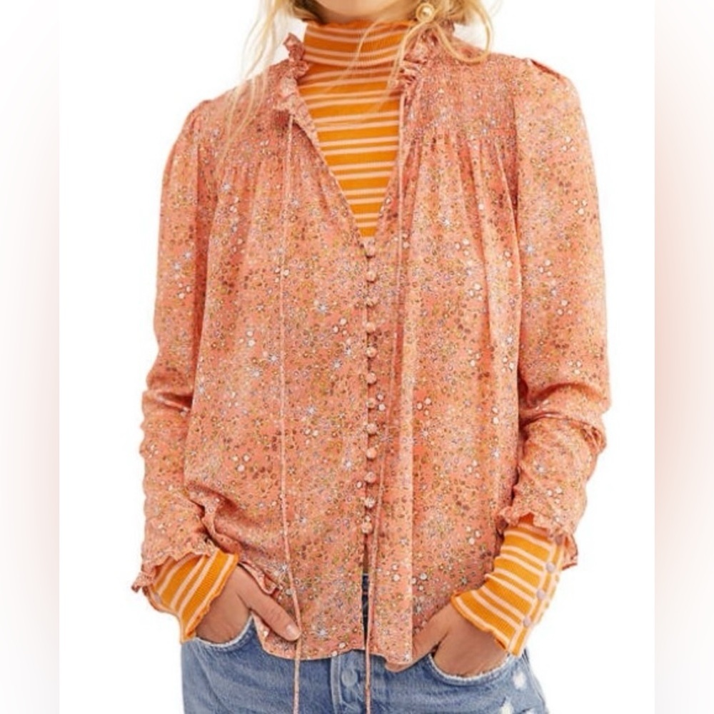 Free People Lela Orange Floral Sheer Smocking Ruffles Peasant Top